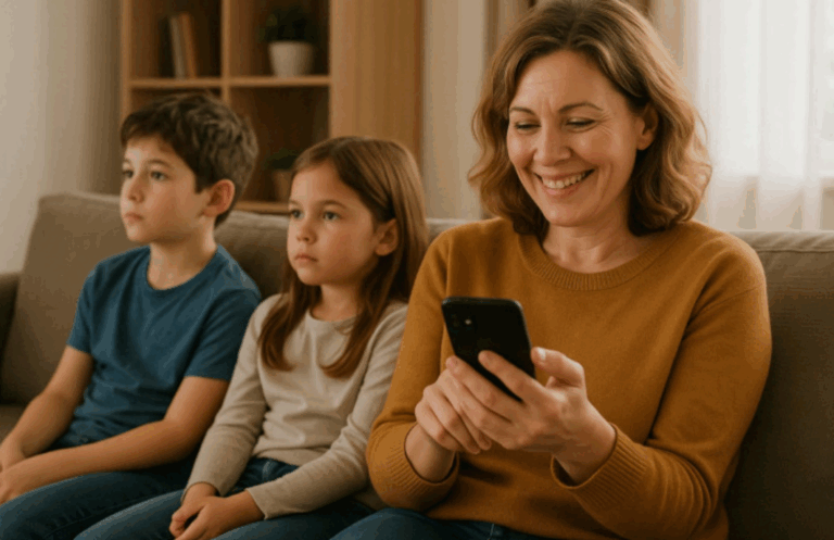 Julie, représentante de la marque Greenshelf, consulte l'application avec le sourire.