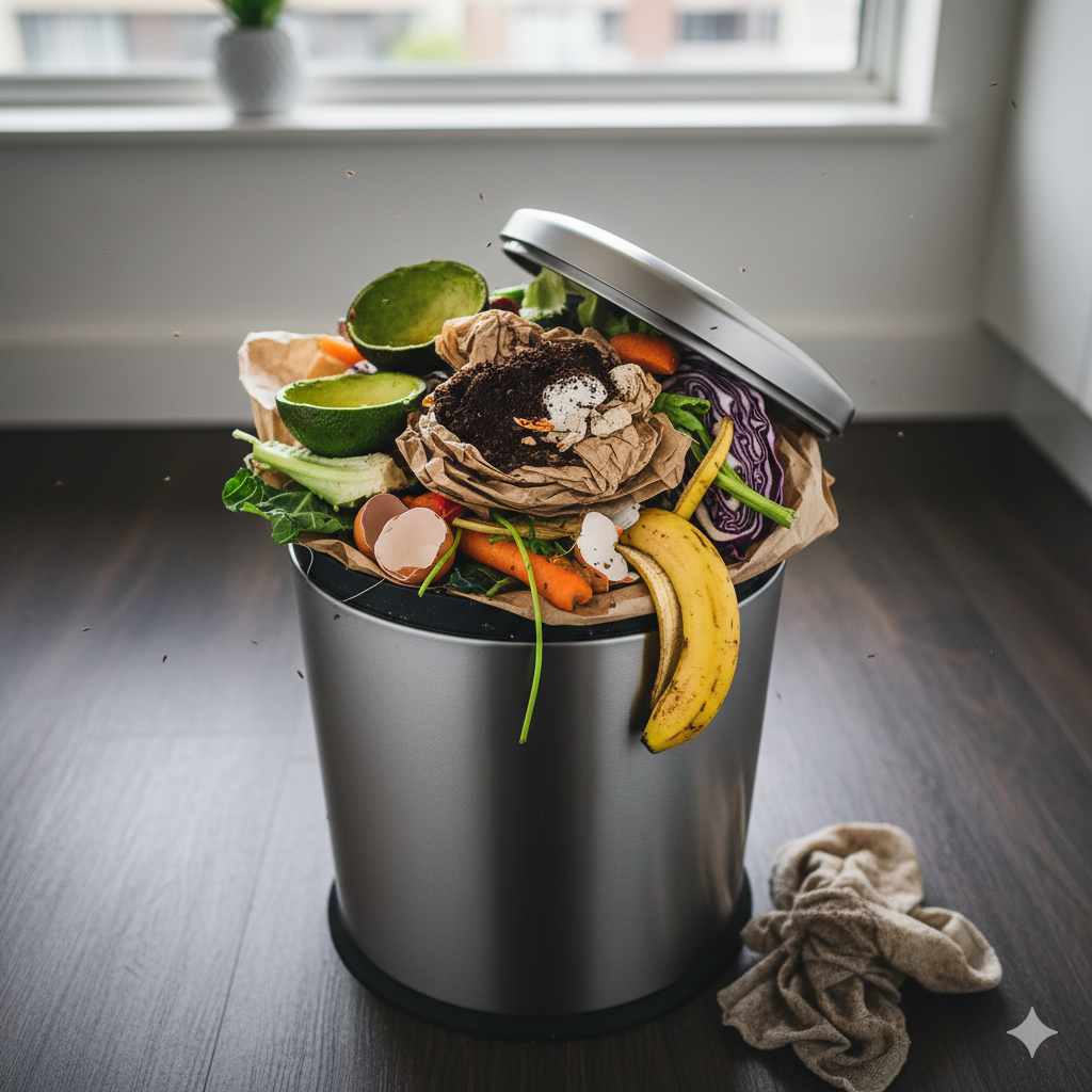 Une poubelle de cuisine rempli de déchets alimentaires.