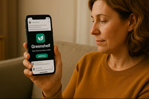 Julie, persona et représente de Greenshelf, montrant son téléphone prête à télécharger l'application.