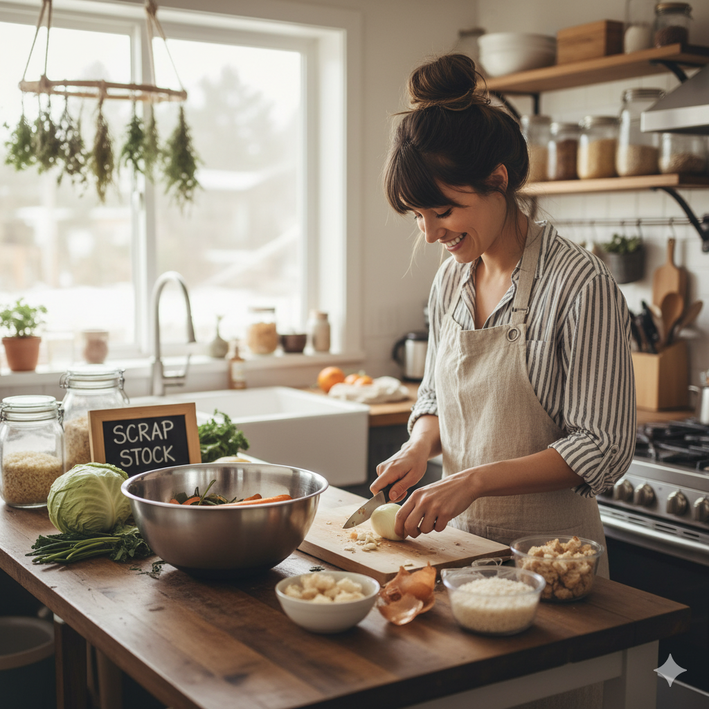Une femme cuisine ses aliments avec le sourire.